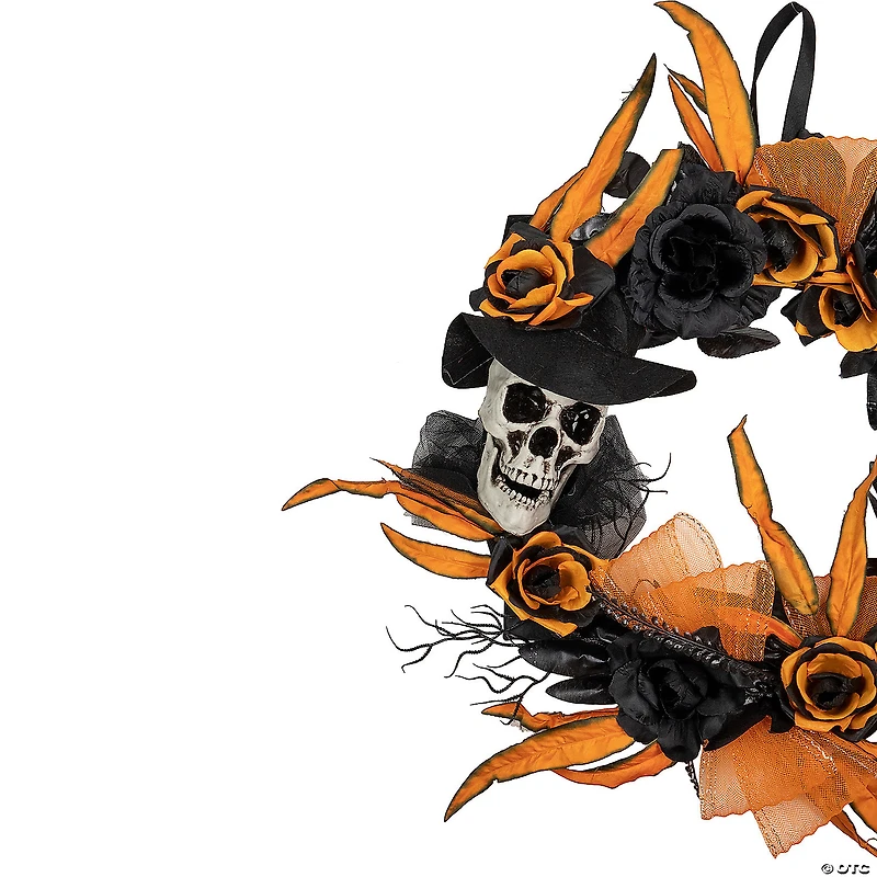 Skull with Black and Orange Roses Halloween Wreath  14-Inch  Unlit