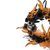 Skull with Black and Orange Roses Halloween Wreath  14-Inch  Unlit