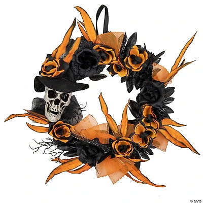 Skull with Black and Orange Roses Halloween Wreath  14-Inch  Unlit