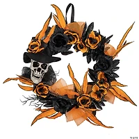 Skull with Black and Orange Roses Halloween Wreath  14-Inch  Unlit