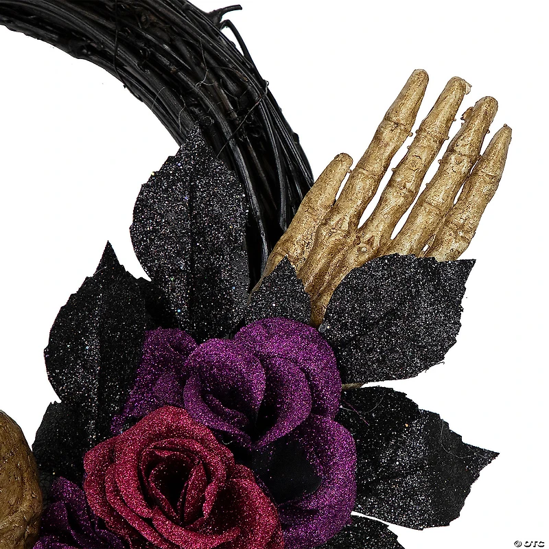 Skull with Hands and Purple Roses Halloween Twig Wreath  22-Inch  Unlit
