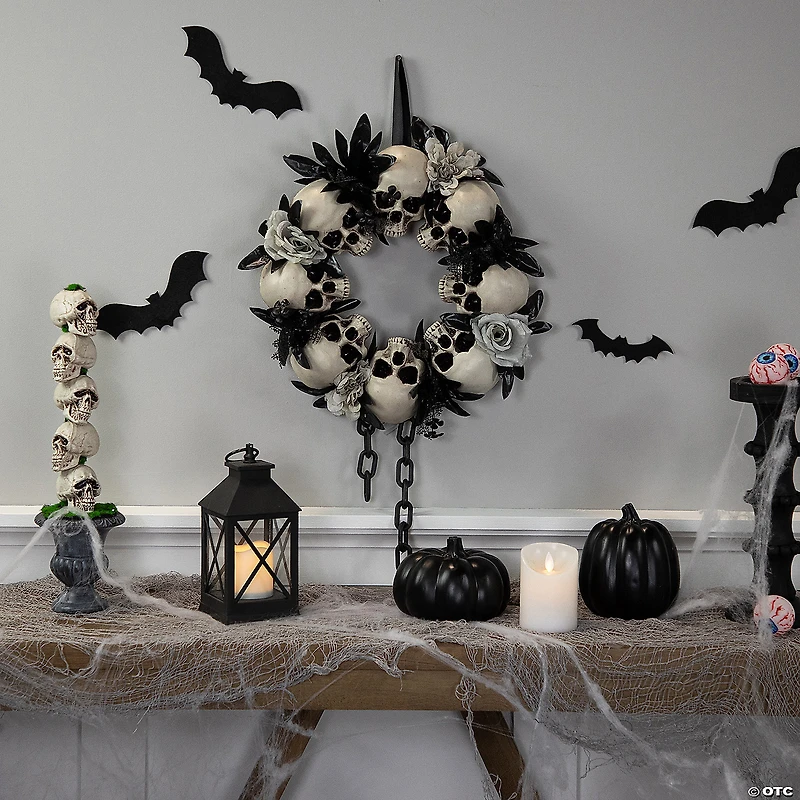 Skulls and Chains with Gray Roses Halloween Wreath  15-Inch  Unlit