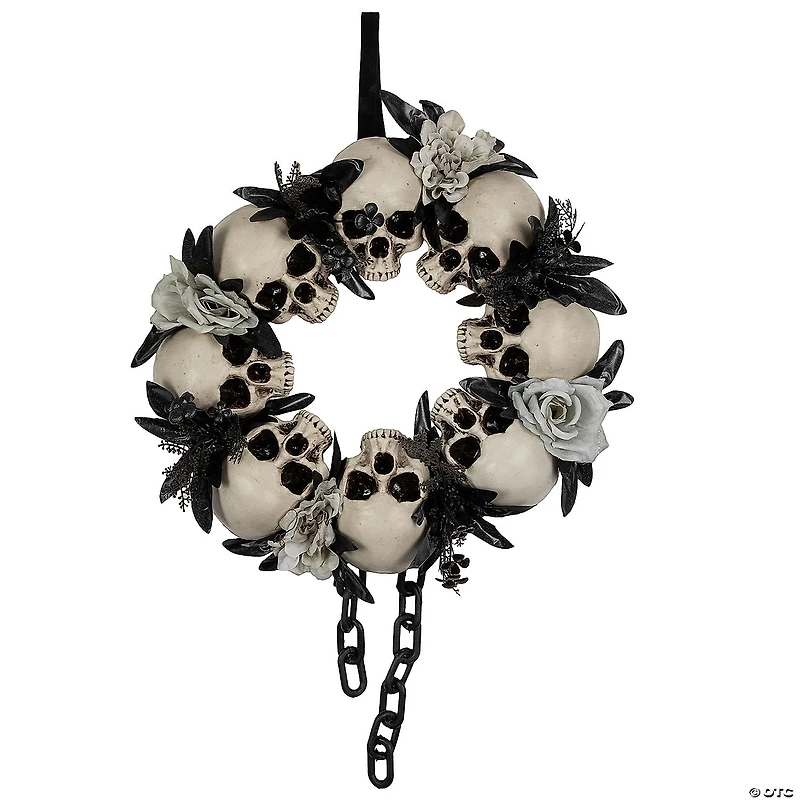 Skulls and Chains with Gray Roses Halloween Wreath  15-Inch  Unlit