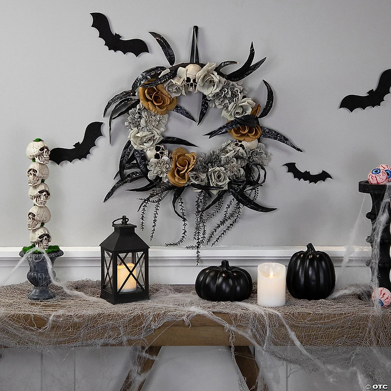 Skulls with Orange and Gray Roses Halloween Wreath  14-Inch  Unlit