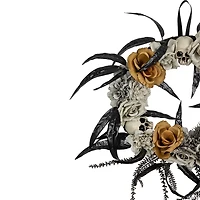 Skulls with Orange and Gray Roses Halloween Wreath  14-Inch  Unlit