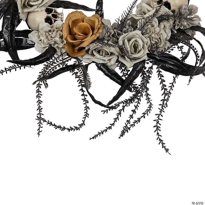 Skulls with Orange and Gray Roses Halloween Wreath  14-Inch  Unlit