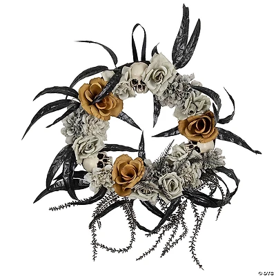 Skulls with Orange and Gray Roses Halloween Wreath  14-Inch  Unlit