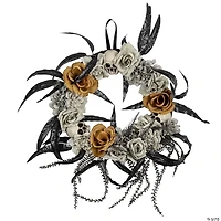 Skulls with Orange and Gray Roses Halloween Wreath  14-Inch  Unlit