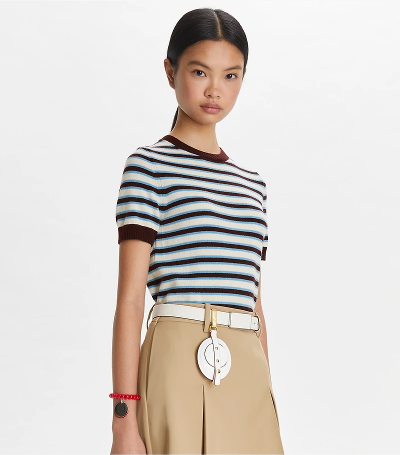 Cashmere Striped Short-Sleeve Tennis Sweater
