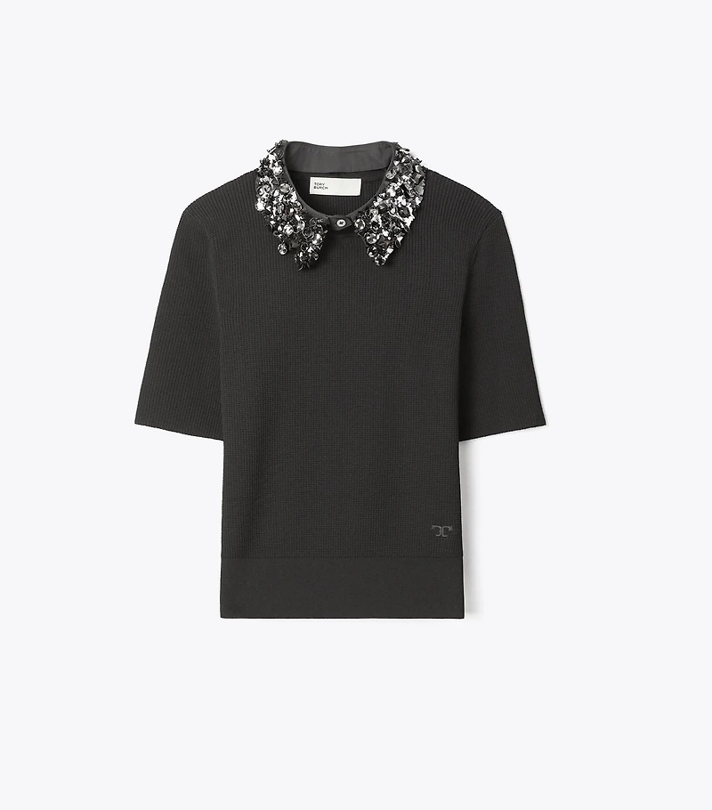 Embellished Collar Short-Sleeve Top