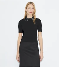 Embellished Collar Short-Sleeve Top