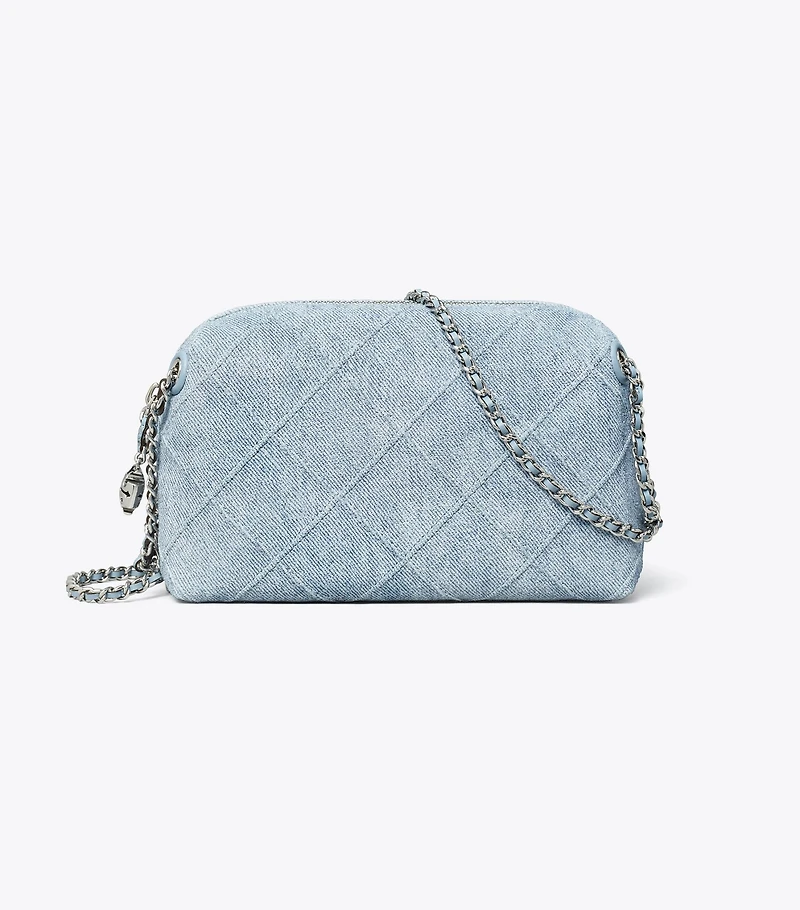 Fleming Soft Denim-Print Suede Crossbody Bag