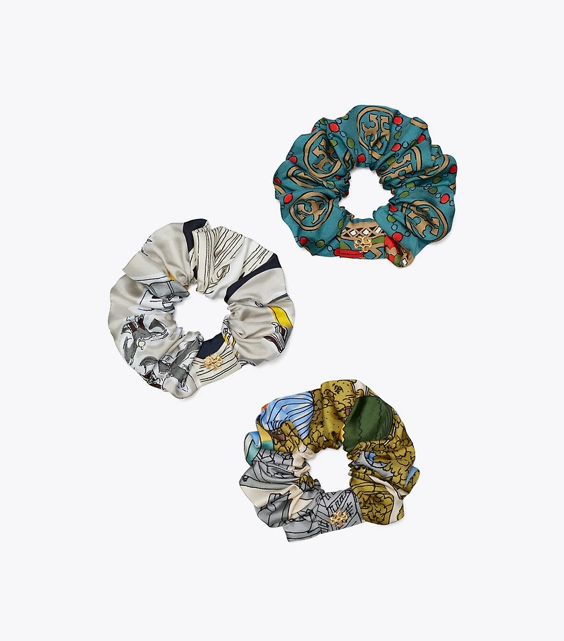 Printed Embellished Silk Scrunchies, Set of 3