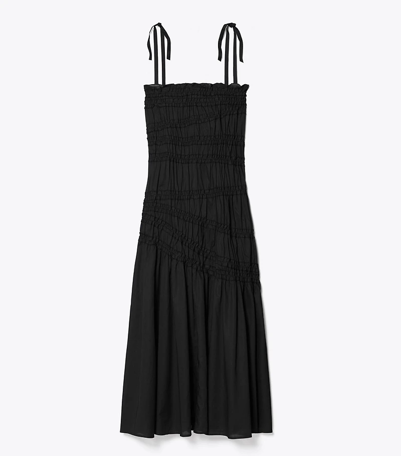 Shoulder Tie Smocked Cotton Dress