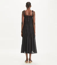 Shoulder Tie Smocked Cotton Dress