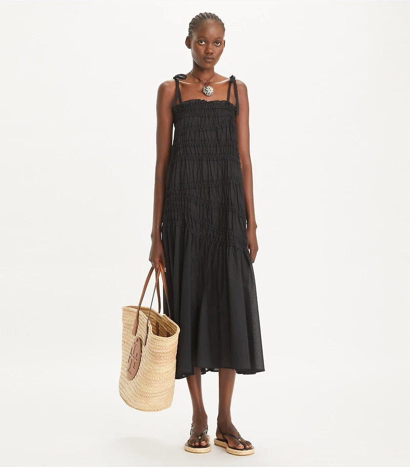 Shoulder Tie Smocked Cotton Dress