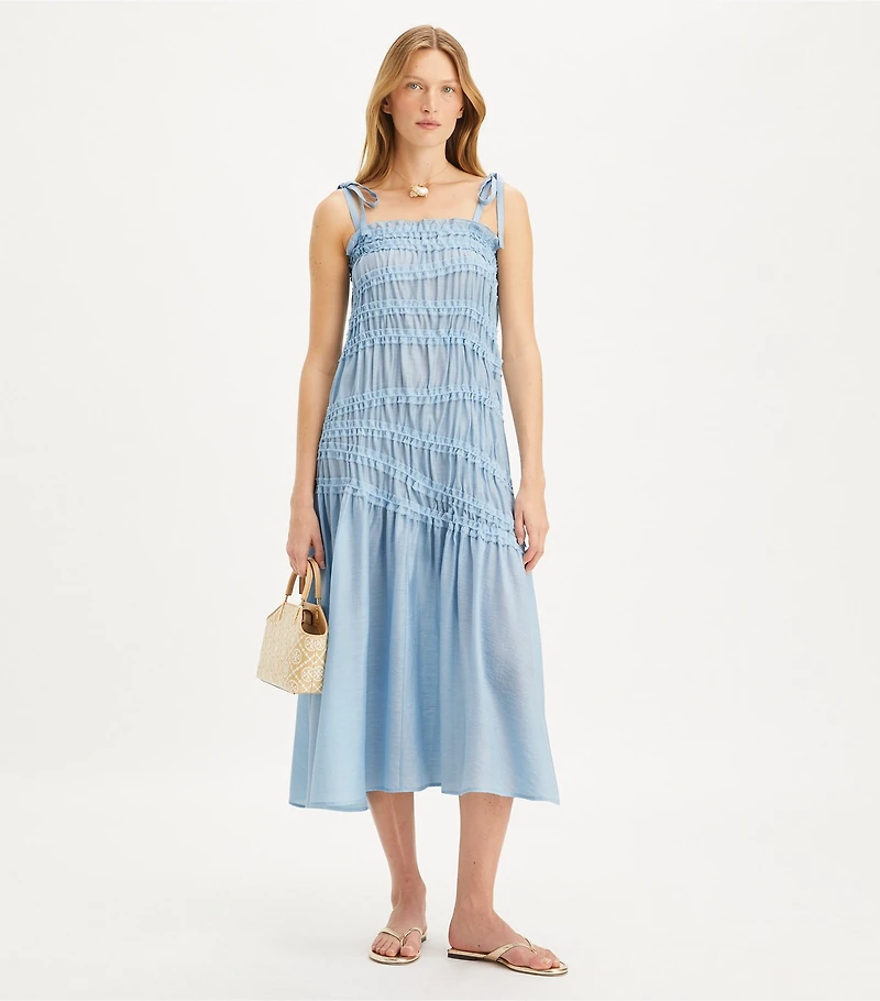 Shoulder Tie Smocked Viscose Dress