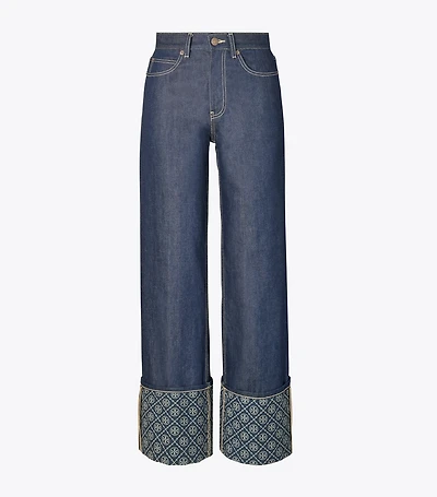 T Monogram Contrast Cuff Straight Leg Jean