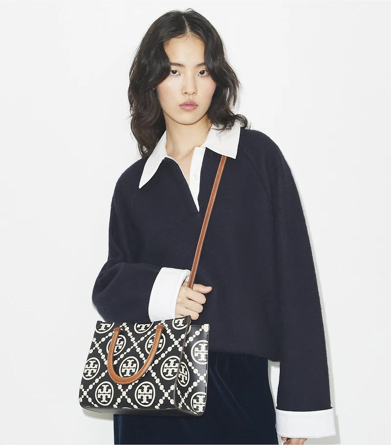 T Monogram Contrast Embossed Top-Handle Tote
