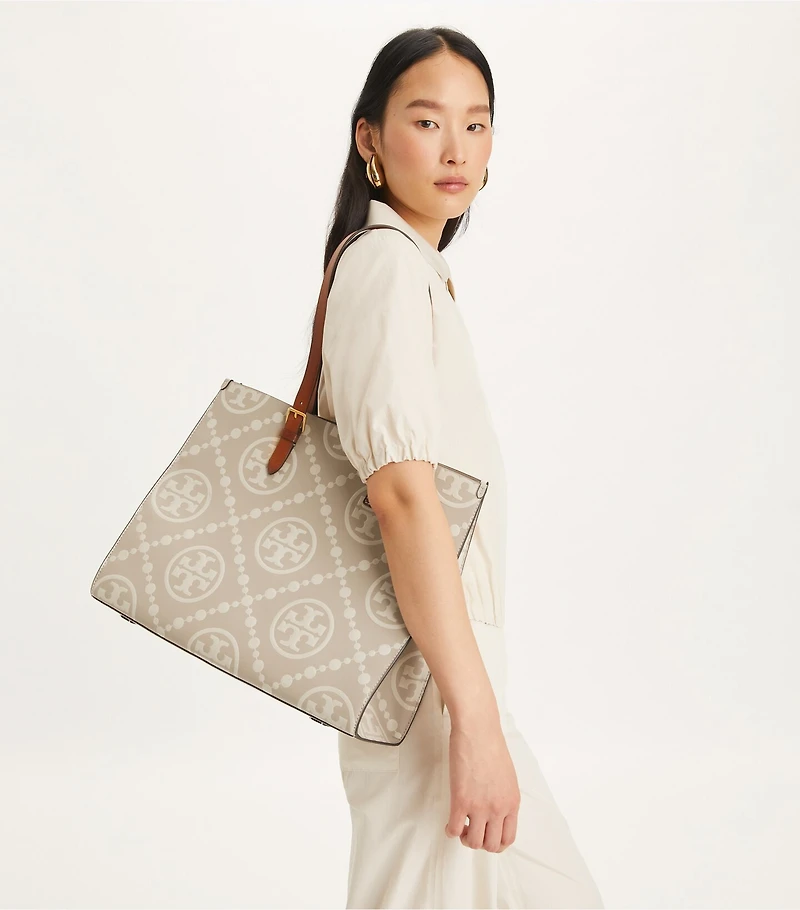 T Monogram Contrast Embossed Tote