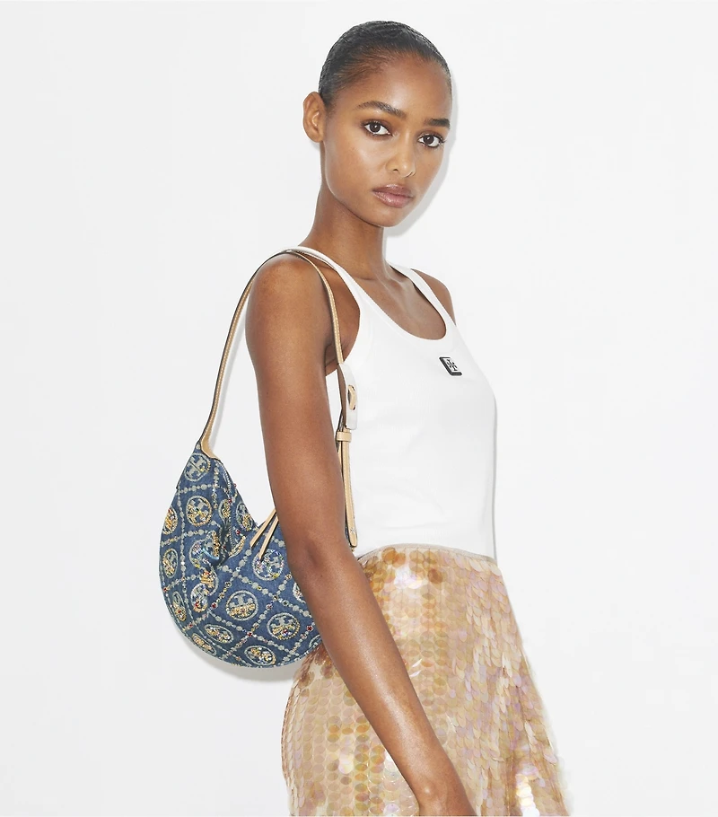 T Monogram Denim Embellished Small Balloon Bag