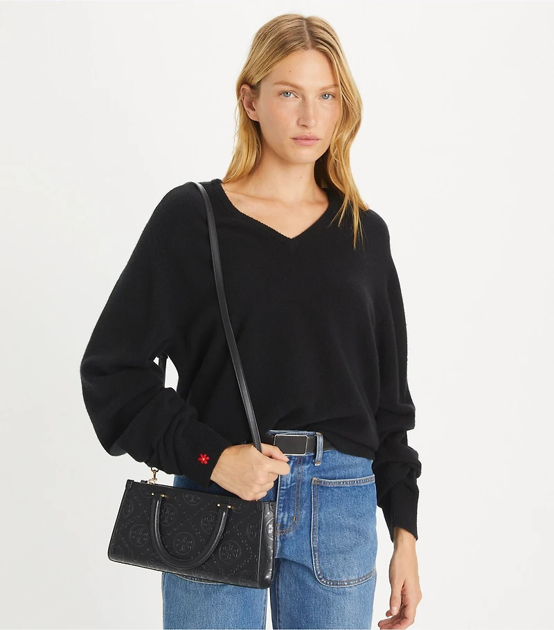 T Monogram Embossed Small East-West Tote