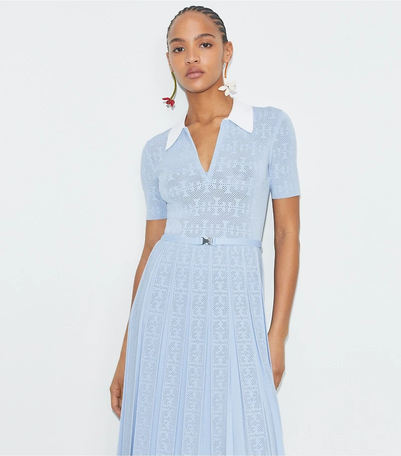 T Monogram Pointelle Pleated Dress