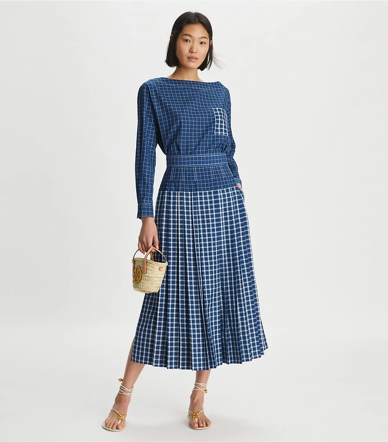 Windowpane Plaid Silk Boatneck Top