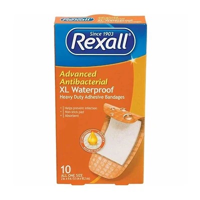 Rexall Advanced Antibacterial XL Waterproof Heavy Duty Adhesive Bandages, 10 ct