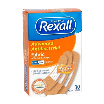 Rexall Advanced Antibacterial Fabric Adhesive Bandages, Assorted Sizes, 30 ct