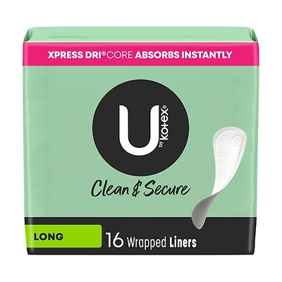 U by Kotex Clean & Secure Wrapped Panty Liners, Long, 16 ct