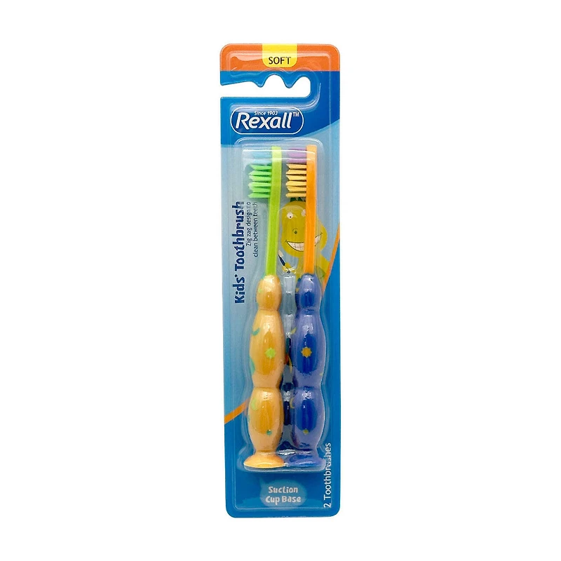 Rexall Kid's Toothbrush with Suction Cup Base, 2 pk, 3 Assorted Styles