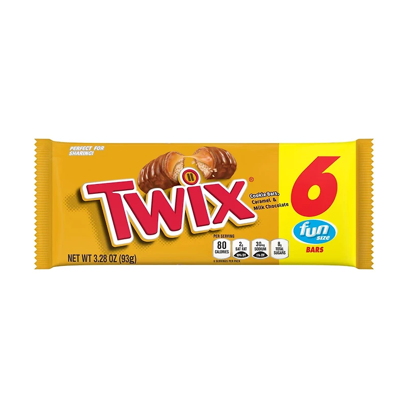 Twix Caramel Chocolate Cookie Candy Bars, Fun Size, 3.28 oz - 6 pk