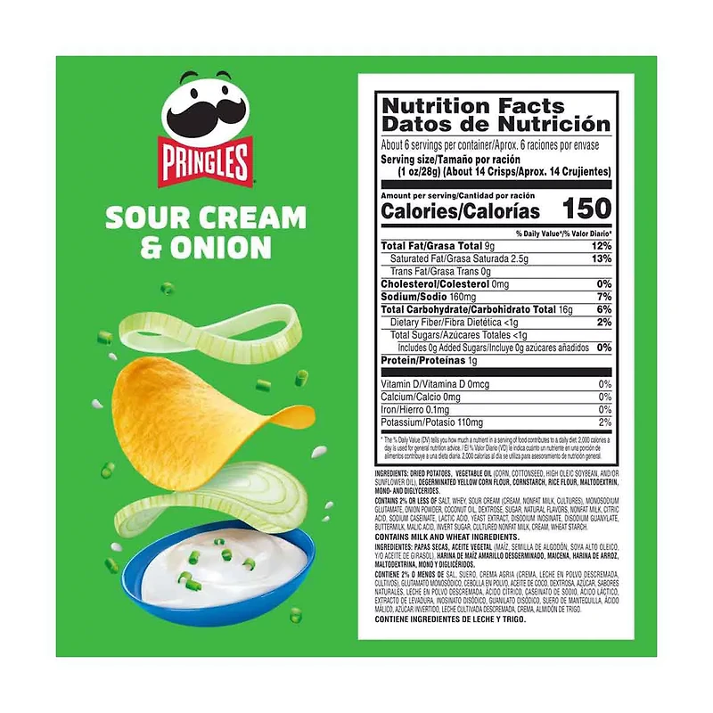 Pringles Potato Crisps Chips, Sour Cream and Onion, 5.5 oz