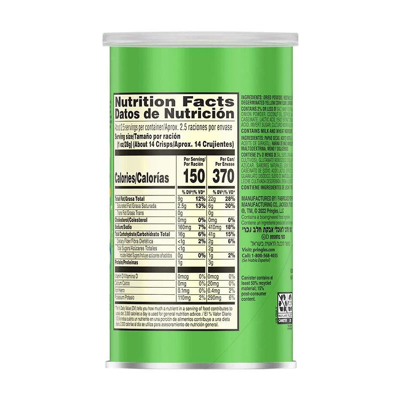 Pringles Grab and Go Sour Cream & Onion Flavored Crisps, 2.5 oz