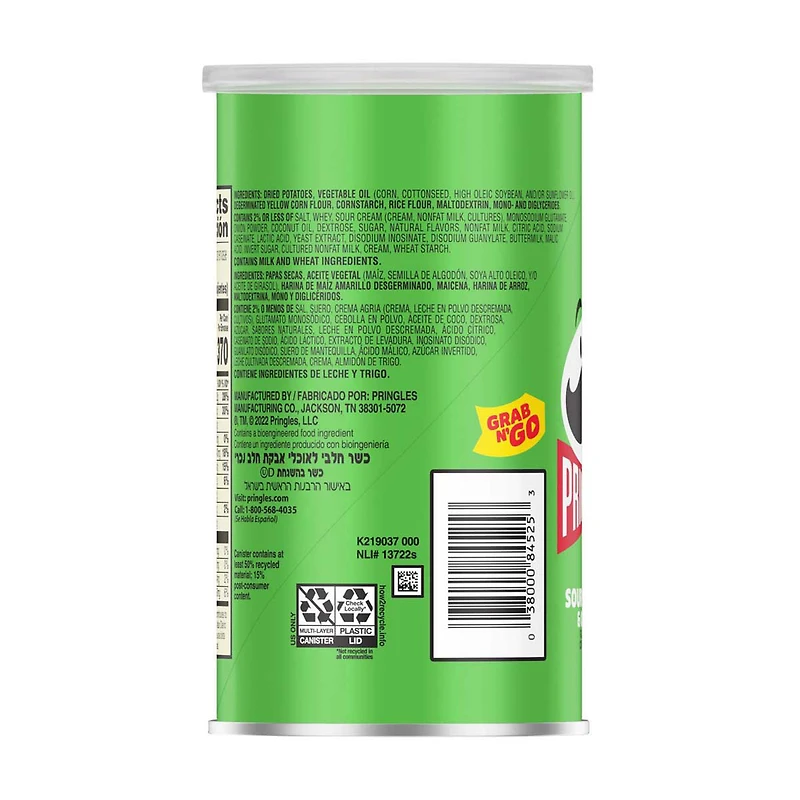 Pringles Grab and Go Sour Cream & Onion Flavored Crisps, 2.5 oz