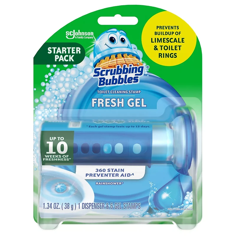 Scrubbing Bubbles Fresh Gel Toilet Cleaning Stamp, Rainshower, Dispenser with 6 Gel Stamps, 1.34 oz