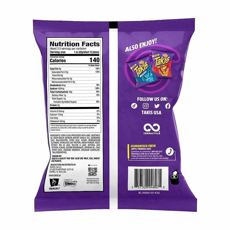 Takis Fuego 3.25 oz Bag, Hot Chili Pepper & Lime Flavored Rolled Tortilla Chips