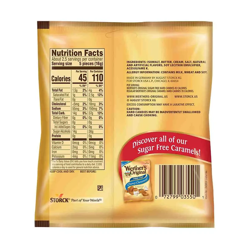 Werther's Orginal Sugar Free Caramel Hard Candies, 1.34 oz