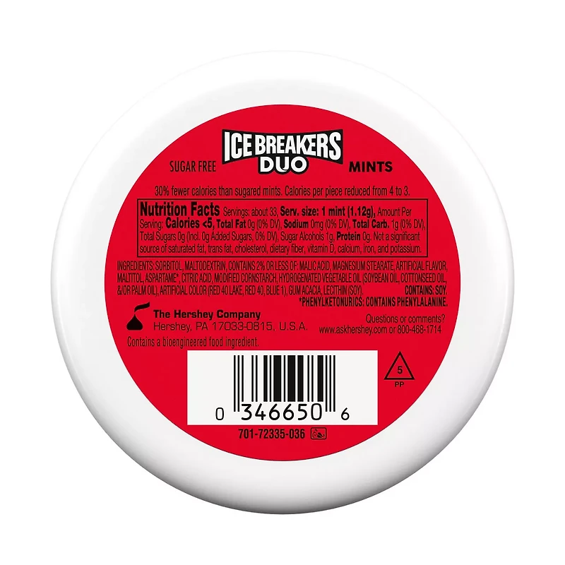 ICE BREAKERS Duo Fruit Plus Cool Strawberry Flavored Sugar Free Mints Puck, 1.3 oz