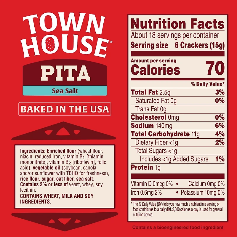 Town House Pita Sea Salt Oven Baked Crackers, Salty Snacks, 9.5 oz