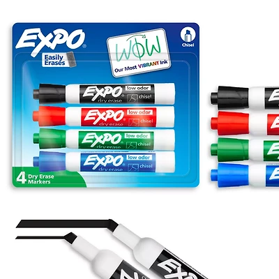 EXPO Dry Erase Markers, Low Odor Ink, Assorted Colors, Chisel Tip, 4 Count