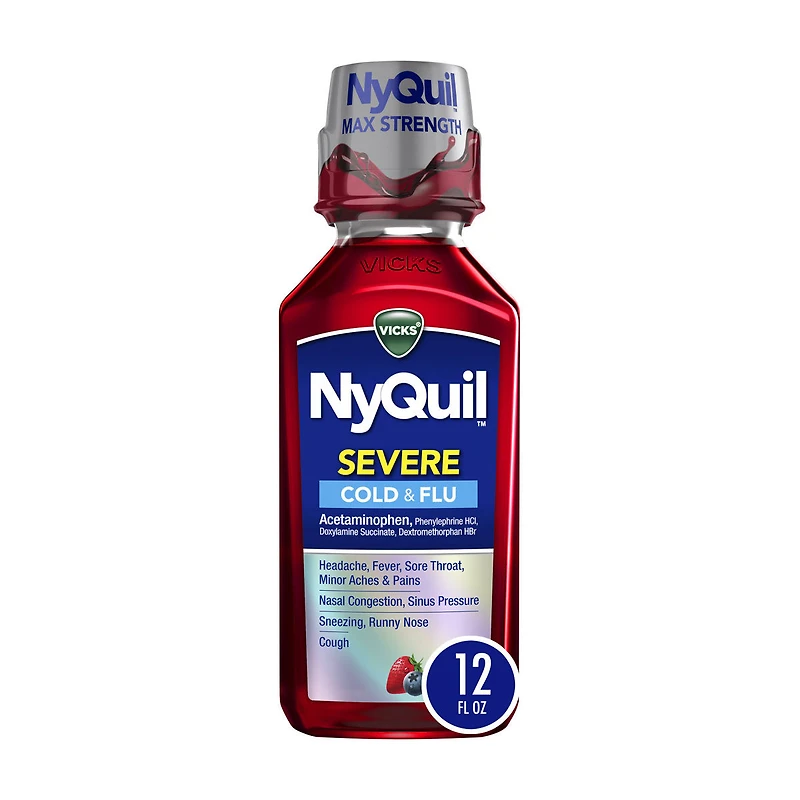 Vicks NyQuil SEVERE Cold & Flu Relief Liquid Medicine, Berry Flavored, 12 fl oz