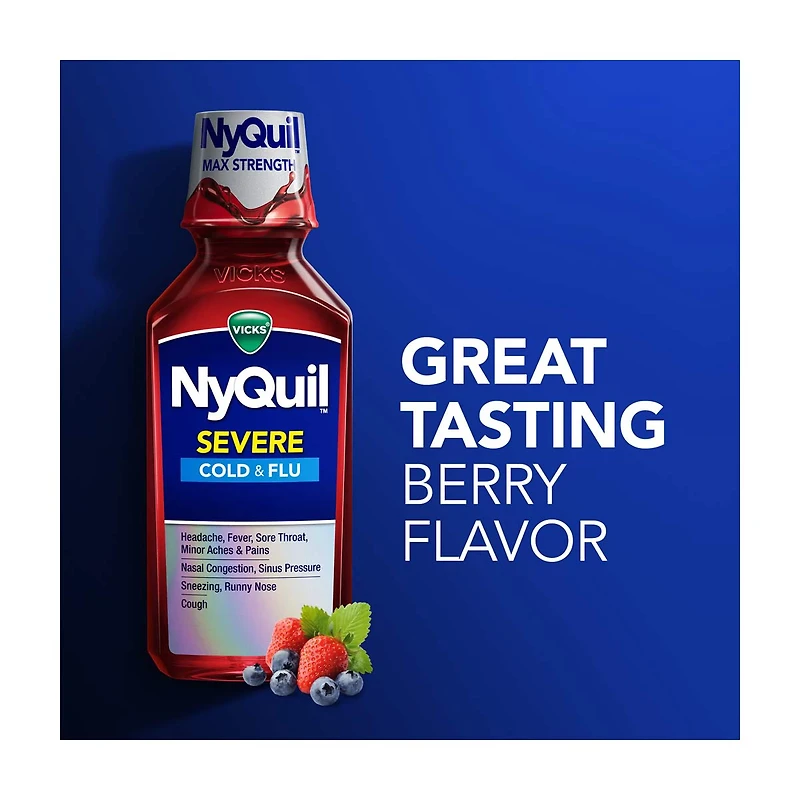 Vicks NyQuil SEVERE Cold & Flu Relief Liquid Medicine, Berry Flavored, 12 fl oz