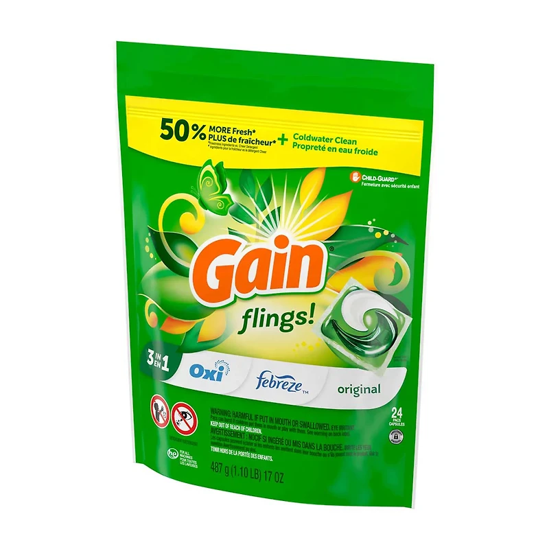 Gain Flings Laundry Detergent Pacs, 24 Count, Original Scent, 3 in 1 HE Detergent Pacs with Oxi Boost and Febreeze