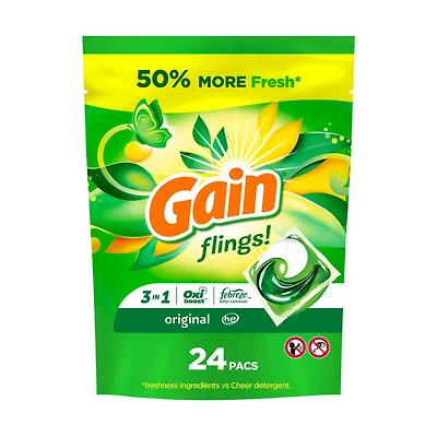 Gain Flings Laundry Detergent Pacs, 24 Count, Original Scent, 3 in 1 HE Detergent Pacs with Oxi Boost and Febreeze