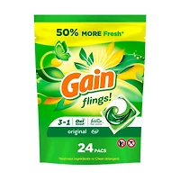 Gain Flings Laundry Detergent Pacs, 24 Count, Original Scent, 3 in 1 HE Detergent Pacs with Oxi Boost and Febreeze