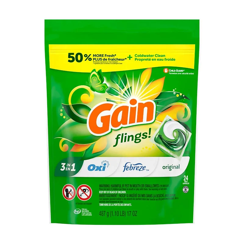 Gain Flings Laundry Detergent Pacs, 24 Count, Original Scent, 3 in 1 HE Detergent Pacs with Oxi Boost and Febreeze
