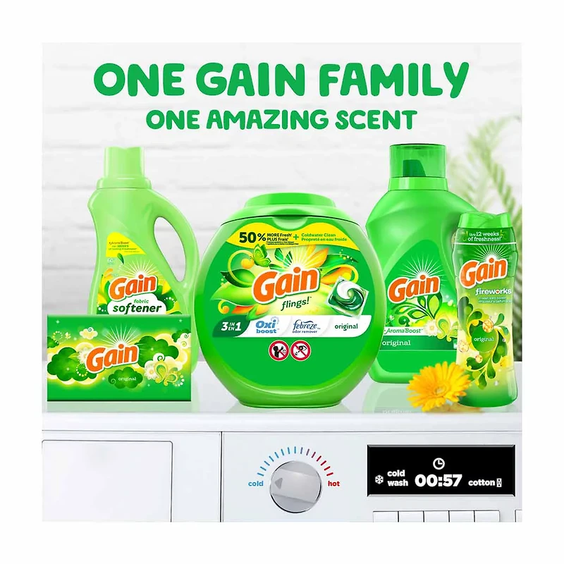 Gain Flings Laundry Detergent Pacs, 24 Count, Original Scent, 3 in 1 HE Detergent Pacs with Oxi Boost and Febreeze