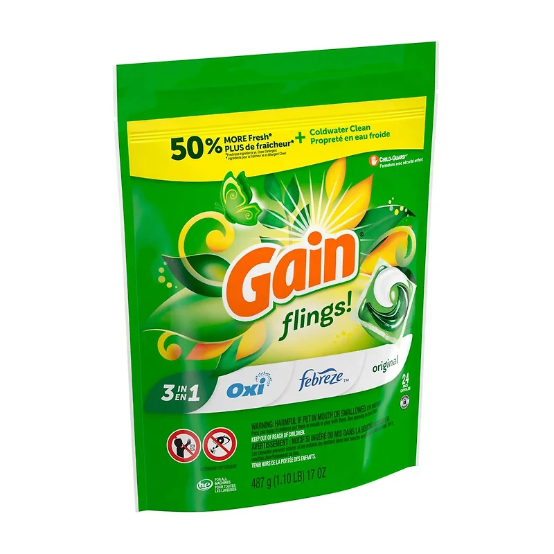 Gain Flings Laundry Detergent Pacs, 24 Count, Original Scent, 3 in 1 HE Detergent Pacs with Oxi Boost and Febreeze